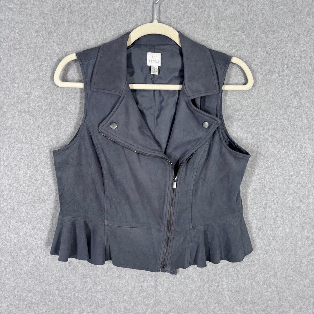 Lauren Conrad Faux Suede Moto Vest 8 Blue Gray Ruffle Stretch Western Festival